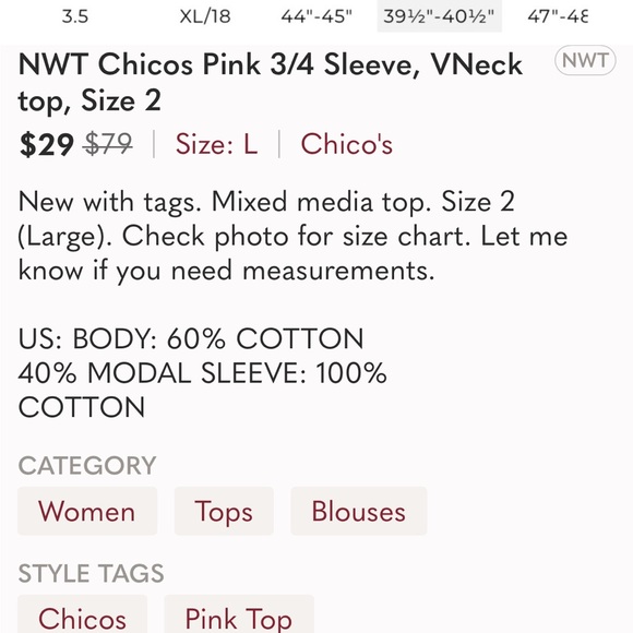 NWT Chico’s Pink V-Neck 3/4 Sleeve Fall Top, M, 8 - Picture 9 of 11